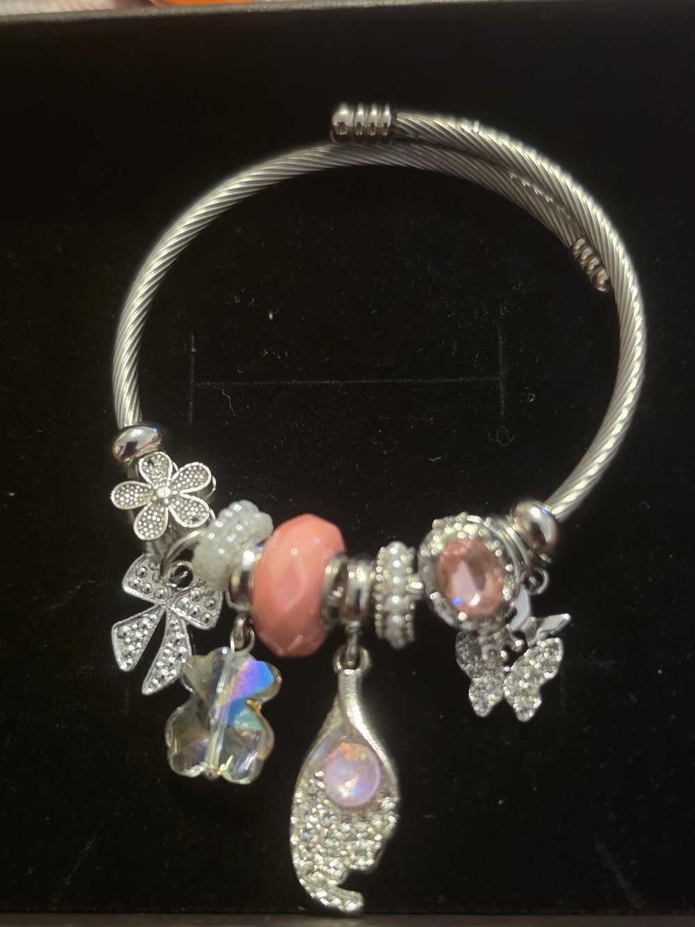 Silver-Tone Charm Bracelet with Pink Beads and Crystal Charms